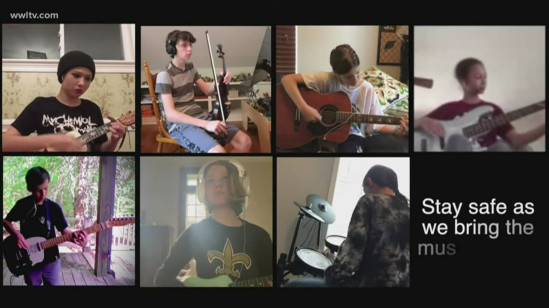 A group of band students are playing solo and having them mashed together online.