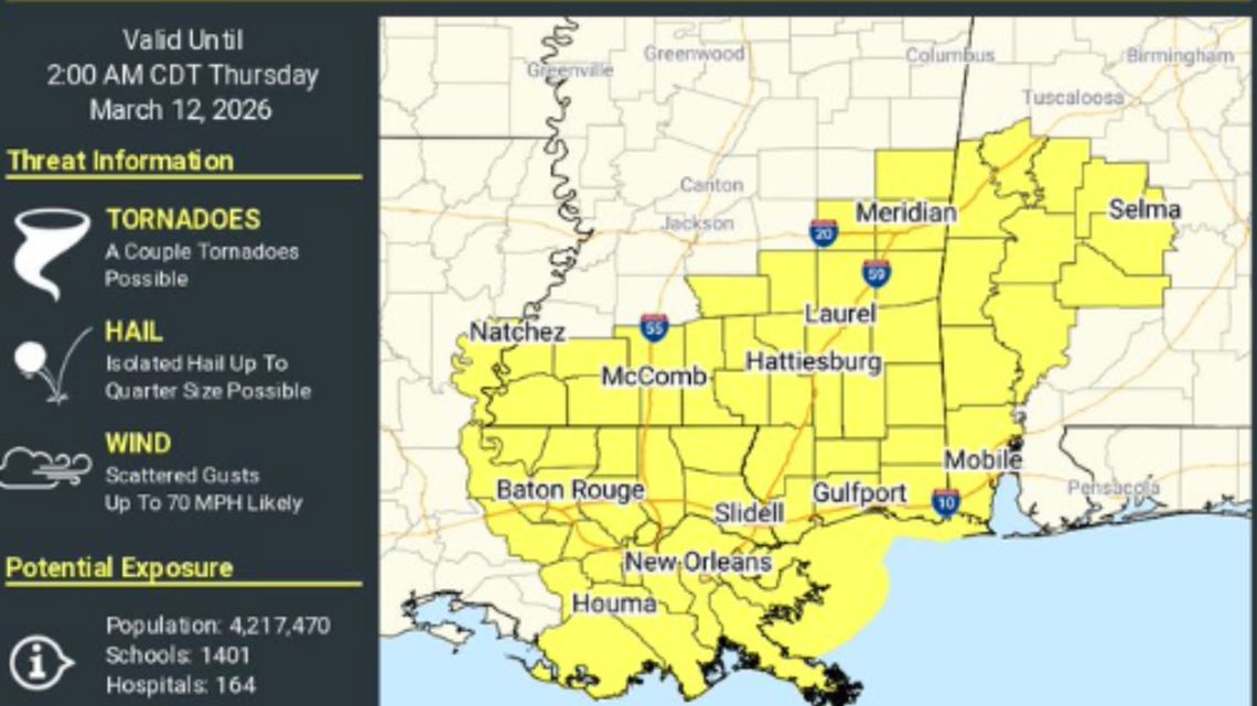 Tornado watch issued for Southeast Louisiana, Mississippi; Several tornado warnings have expired