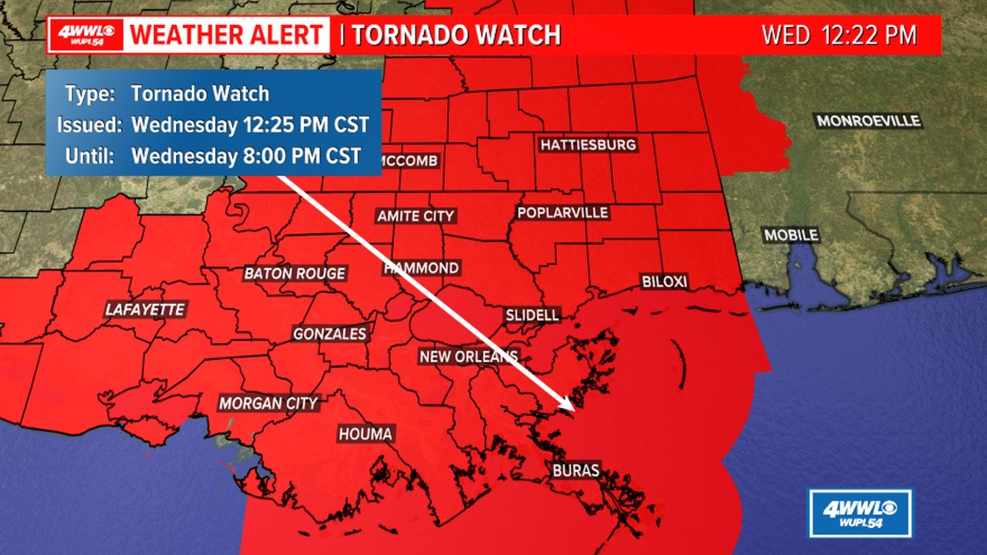 Tornado Watch for areas of Southeast Louisiana until 1 PM