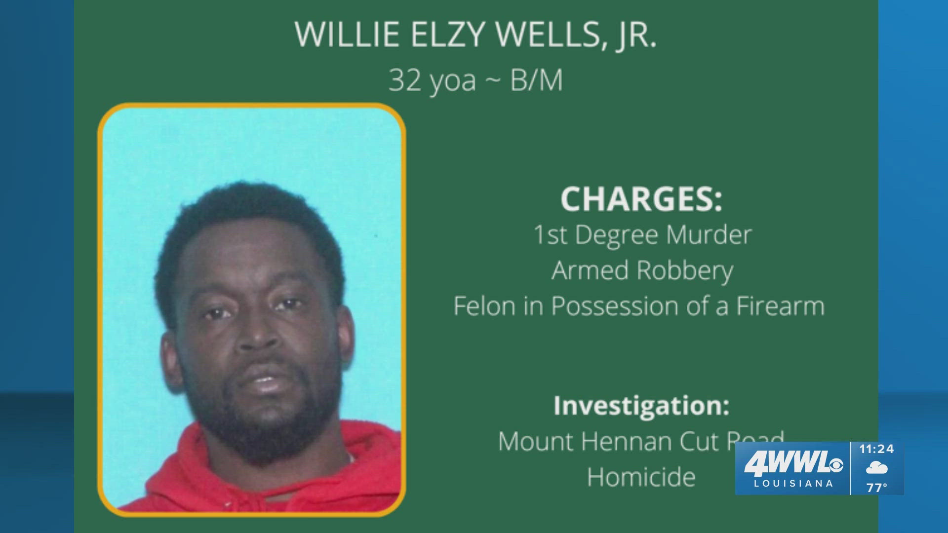 Willie Elzy Wells Jr., 32, is wanted on charges of first-degree murder, armed robbery, and possession of a firearm by a convicted felon, police said.