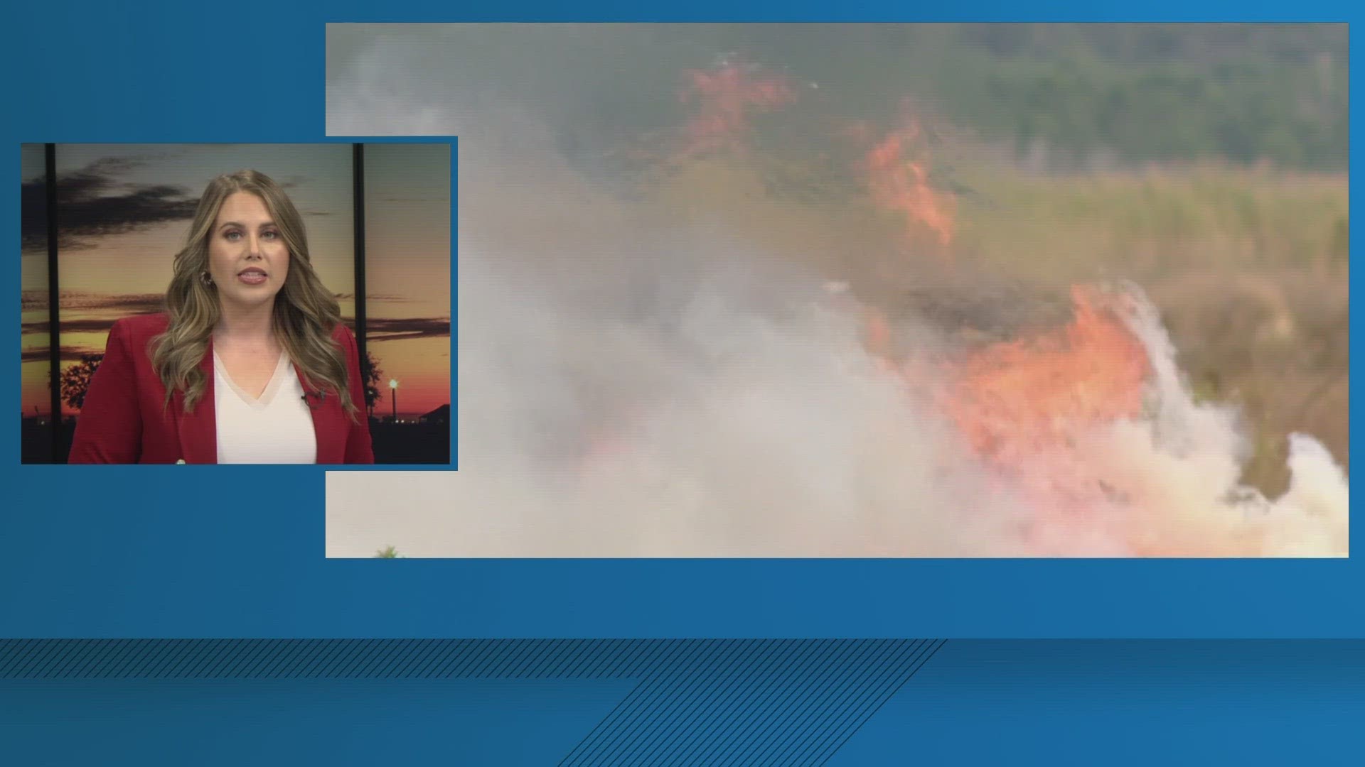 Two local men use an outboard motor to battle overnight marsh fire along Highway 11 in Slidell.