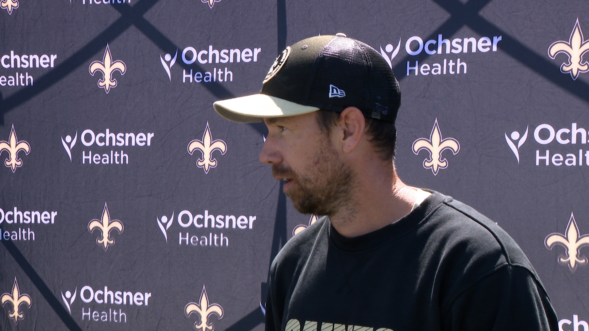 Saints offensive coordinator Klint Kubiak talks with media following practice on Day 6 of 2024 Saints training camp at UC-Irvine in California on Tuesday, July 30.