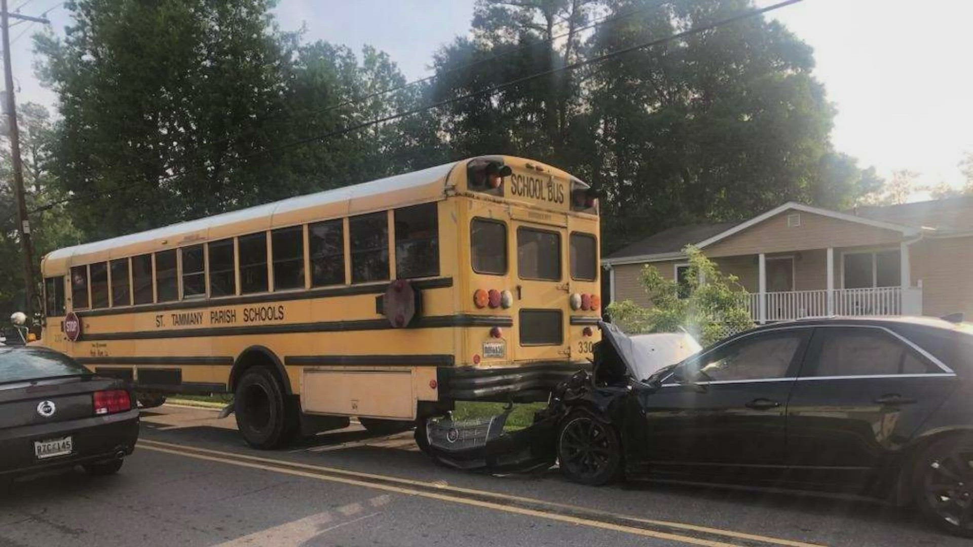 Deputies were dispatched to Pearl Street near Cane Avenue after getting reports that a vehicle had crashed into a school bus loaded with children.