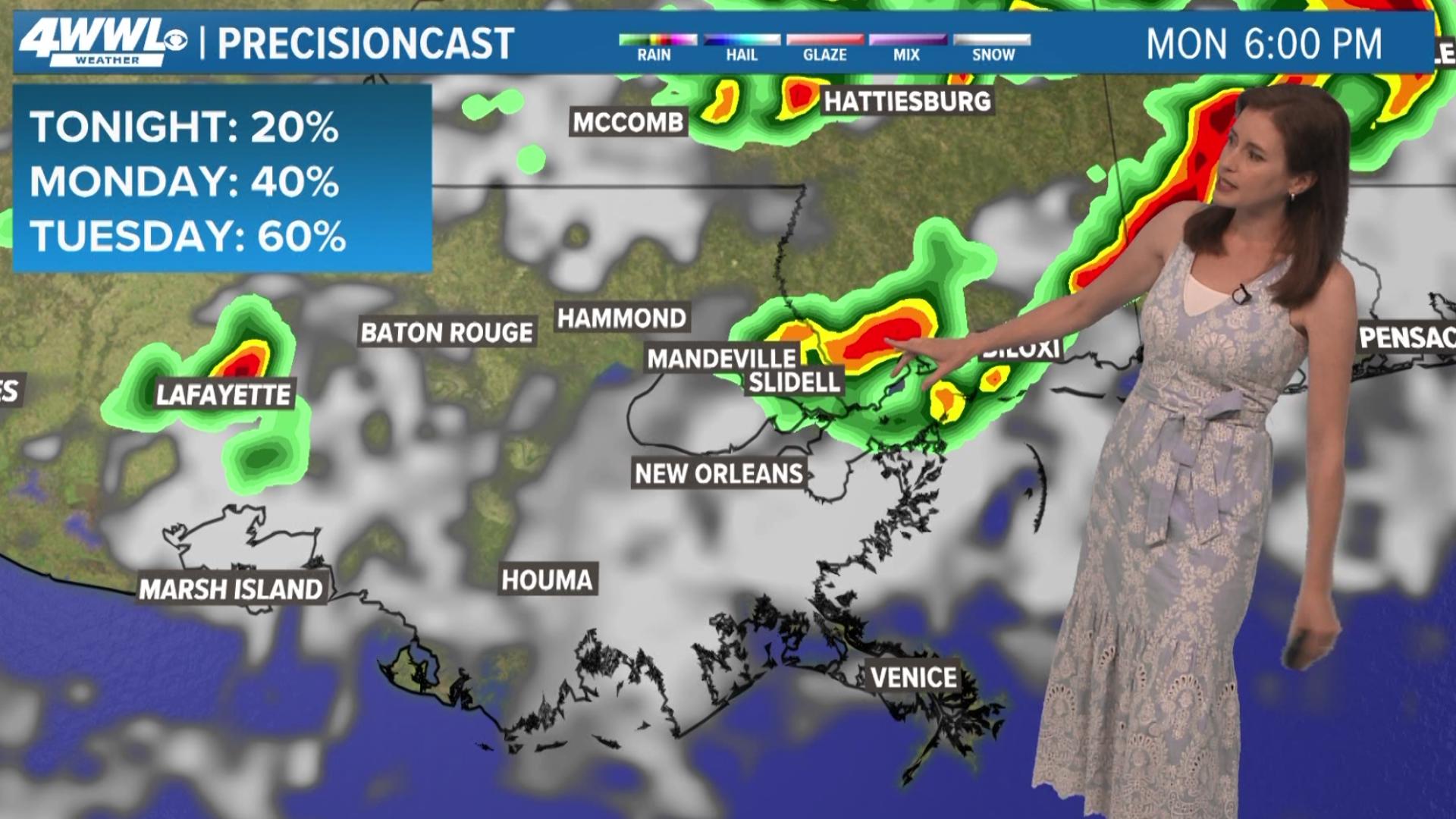 Meteorologist Alexandra Cranford says expect a quiet Sunday evening with possible storms on Monday.