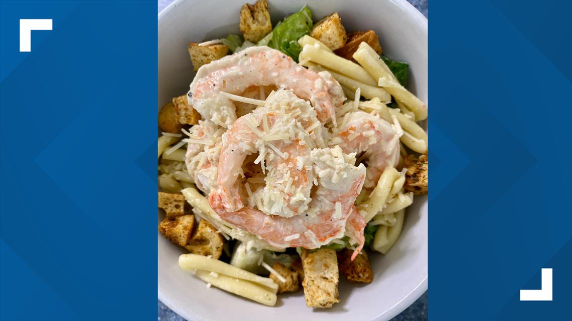 Try Chef Kevin Belton's shrimp Caesar pasta salad with eggless Caesar dressing