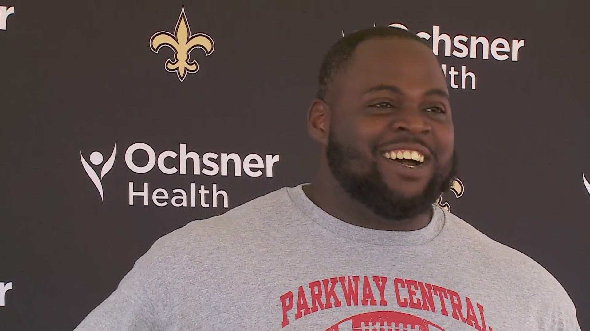 Saints defensive tackle Khalen Saunders talks with media on Day 4 of 2024 Saints camp at UC-Irvine in California on Saturday, July 27.