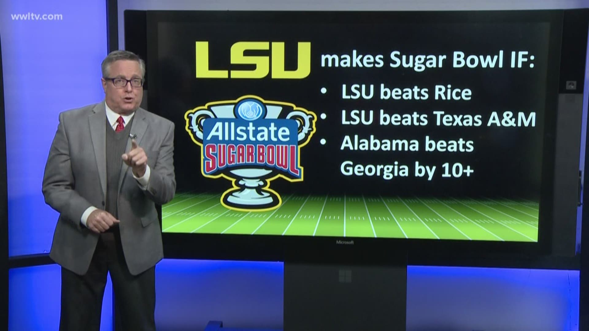 According to Sports Director Doug Mouton, LSU will make the Sugar Bowl if they beat Rice, Texas A&M and Alabama beats Georgia by more than 10 points.