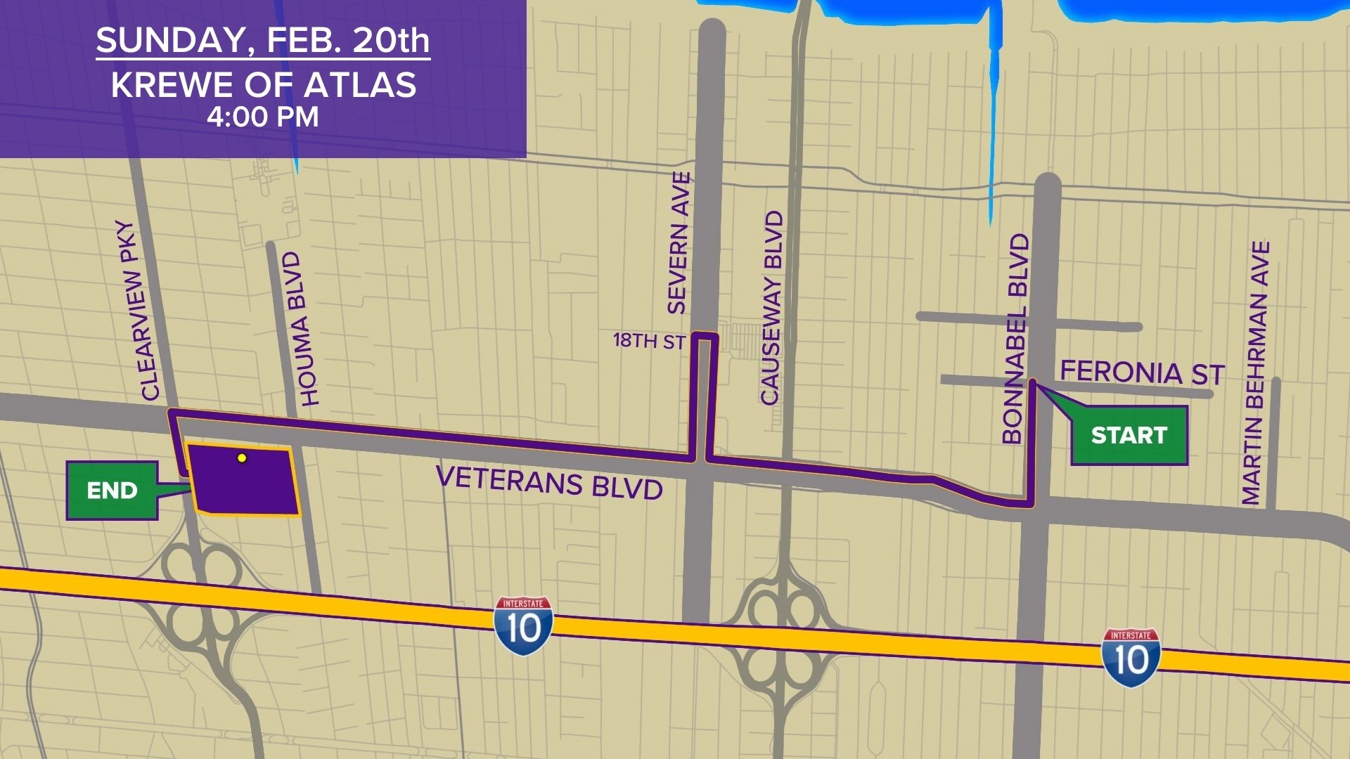 Krewe of Atlas parade route, start time