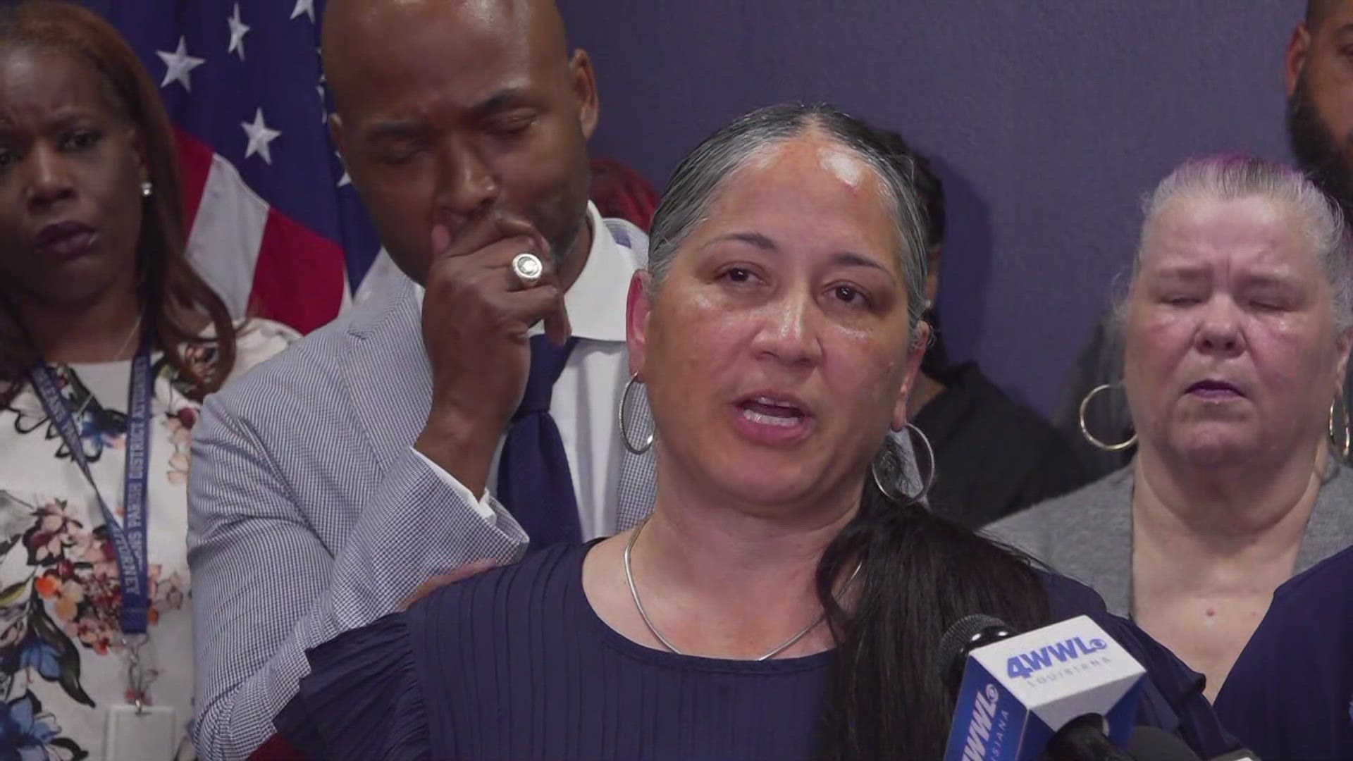 Orleans Parish District Attorney Jason Williams and family of the slain victims react following a jury finding Kenneth Augustine guilty on two counts of murder.