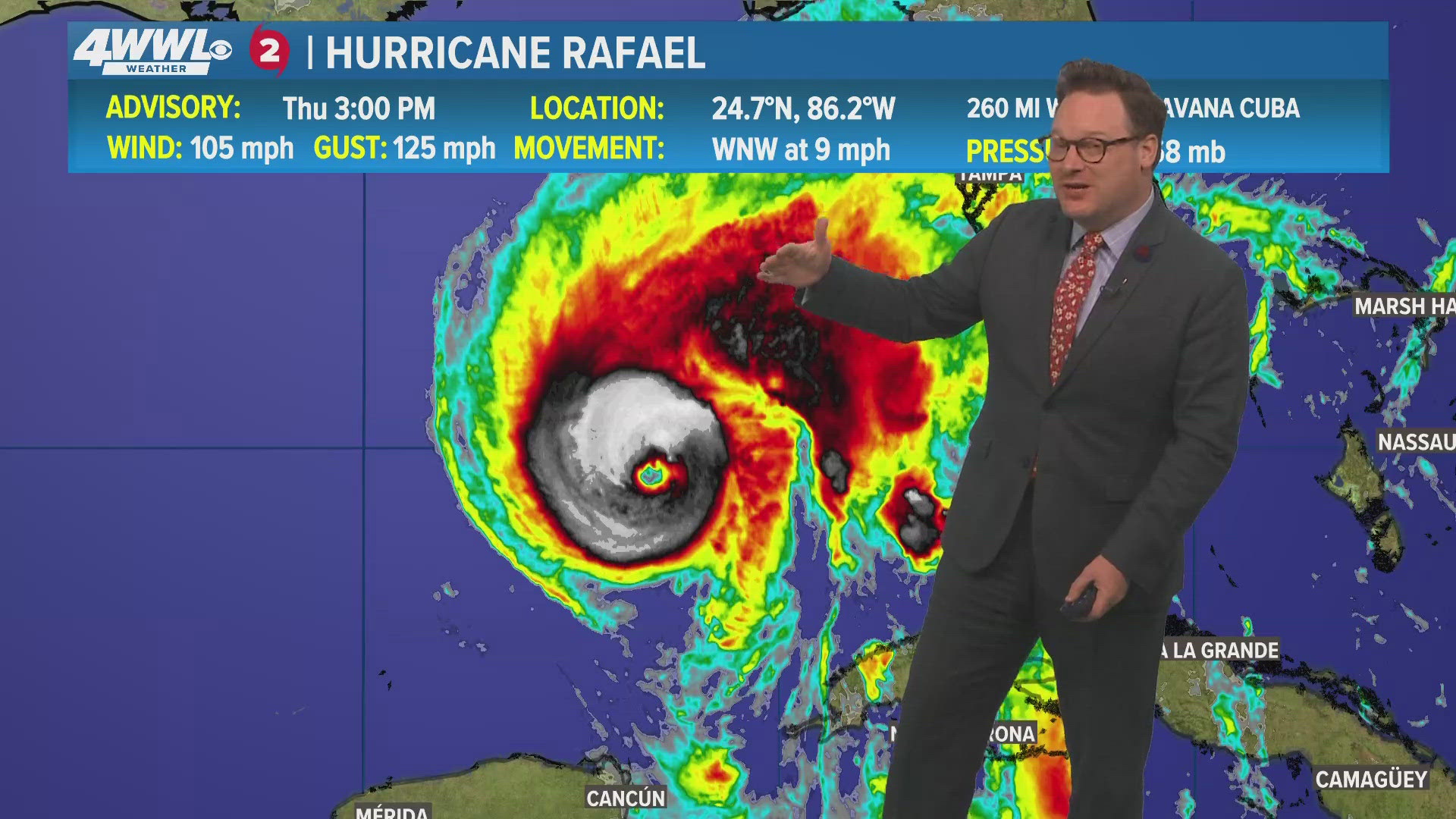 WWL Louisiana Chief Meteorologist Chris Franklin with a first look at tracking Hurricane Rafeel for News at 5PM on Thursday, Nov. 7, 2024.