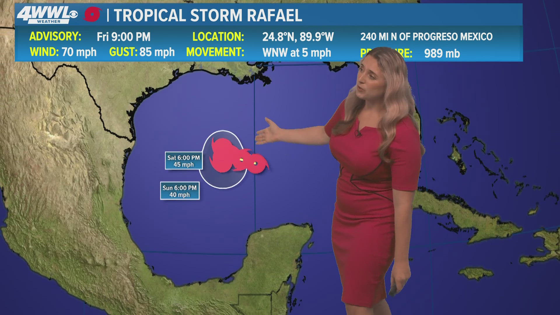 Meteorologist Alexa Trischler says Rafael downgraded to tropical storm.