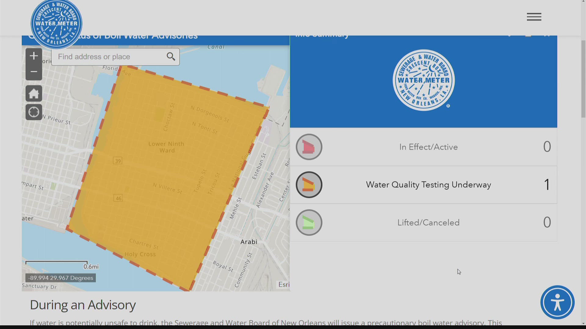 Water testing is now underway as the boil water advisory remains in effect in the Lower Ninth Ward and Holy Cross.