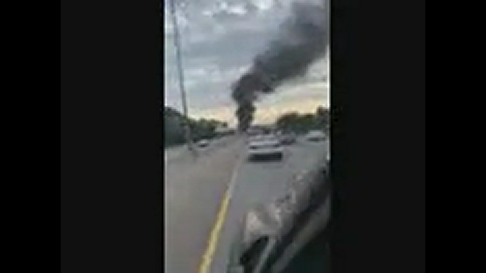 I am this on my way into work this was a fire that happened and if you watch it closer and explosions gonna happen. This was at I 10 westbound between Canal Boulevard and Saint Bernard highway if that's correct