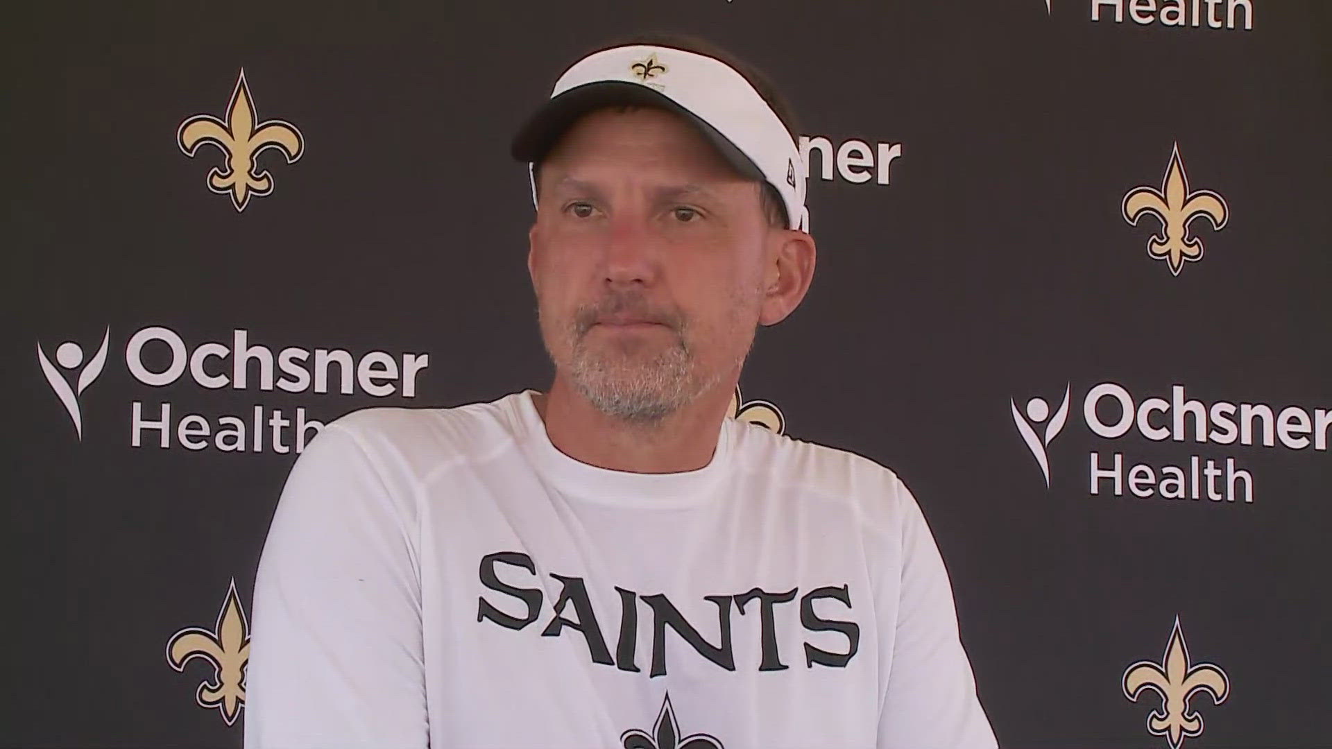 Head coach Dennis Allen addresses media following Day 9 of the 2024 Saints training camp in California on Saturday, Aug. 3.