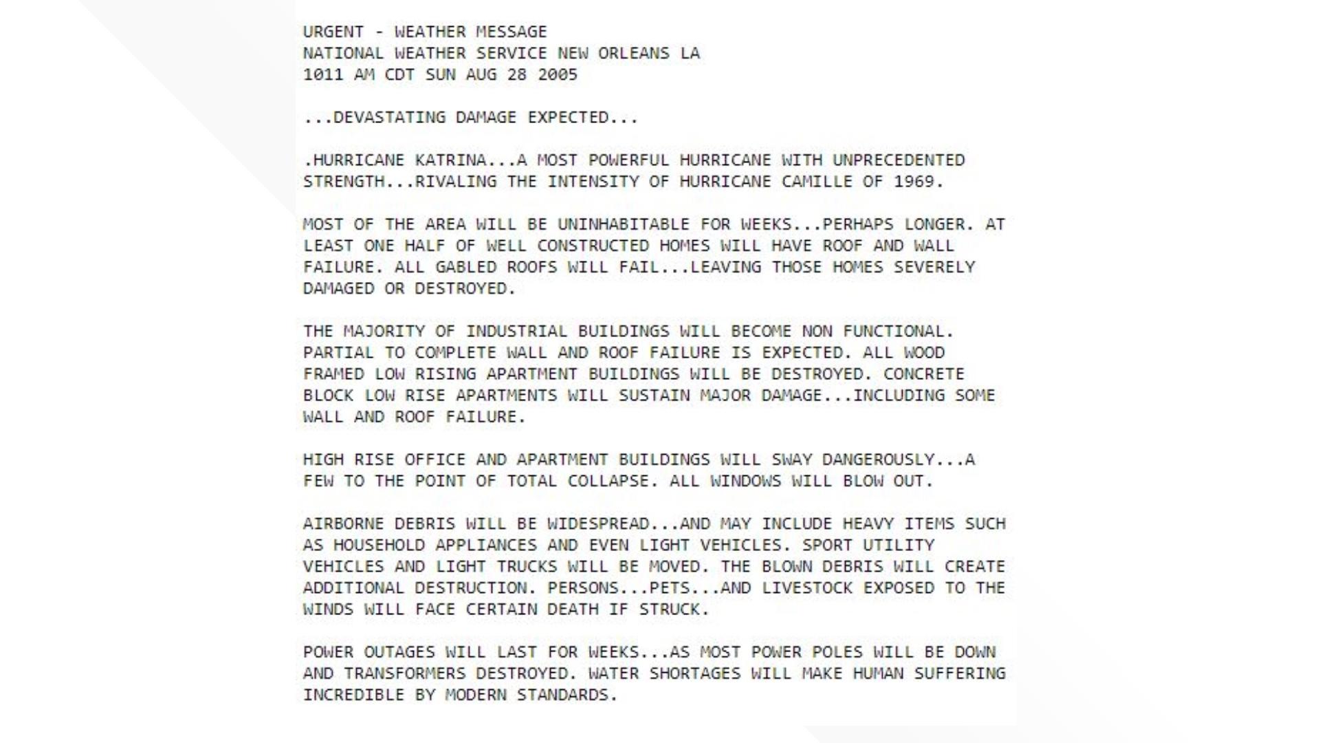 NWS issues dire warning ahead of Hurricane Katrina