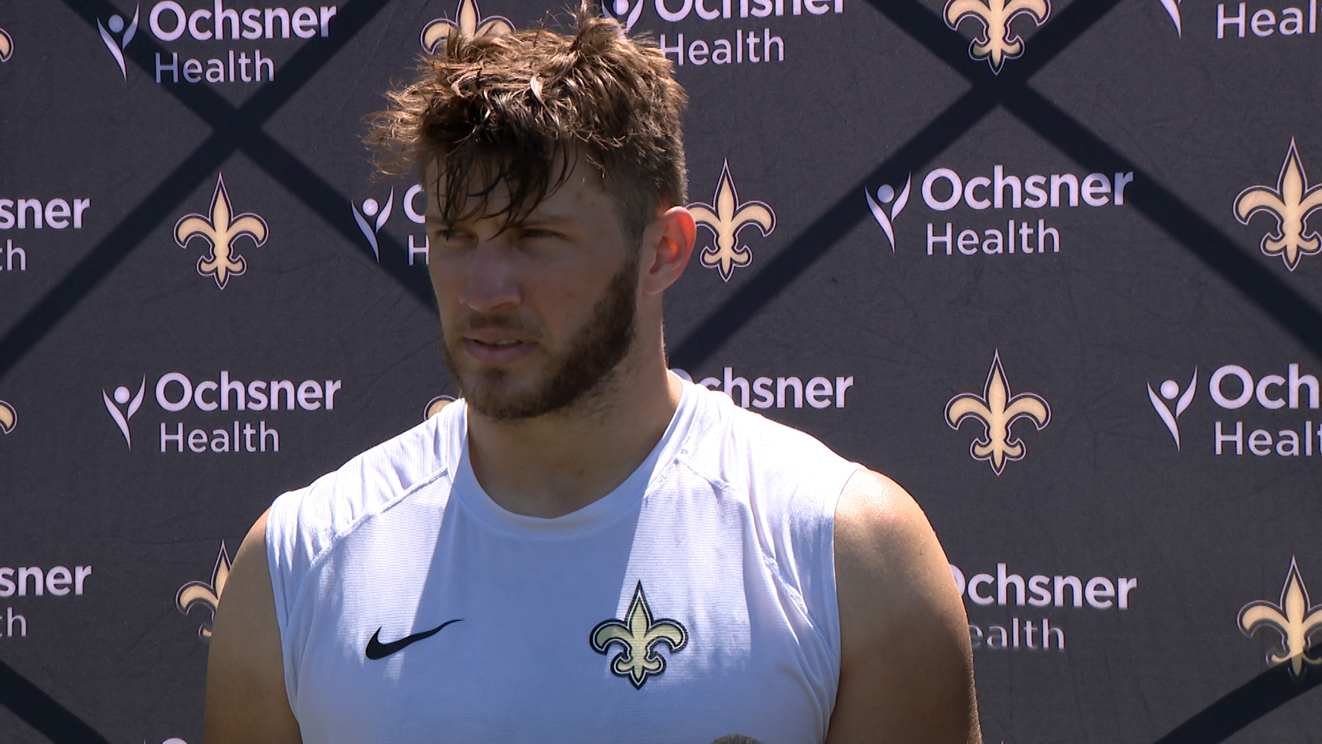 Former Jesuit and LSU standout Foster Moreau talks with media following practice on Day 7 from 2024 Saints training camp at UC-Irvine in California on Wednesday.