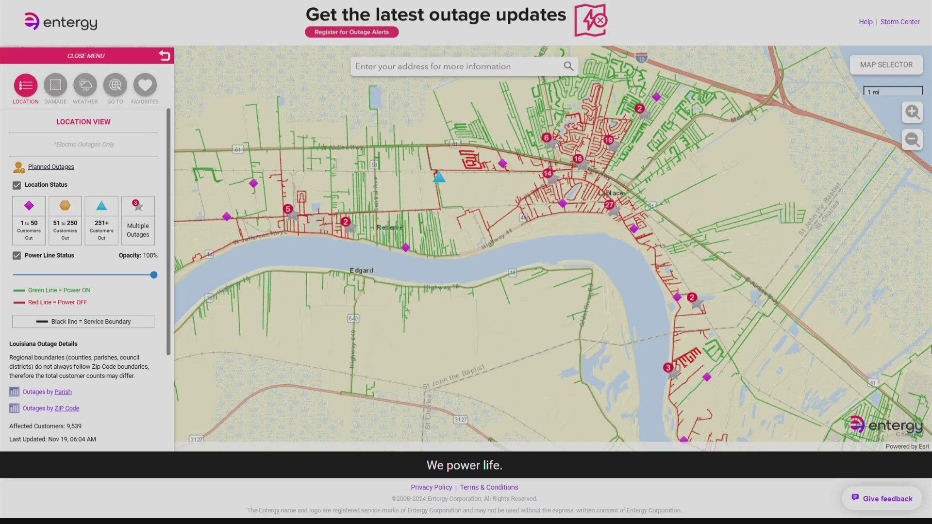 Over 8,000 people in St John the Baptist Parish were without power as heavy rain moved through the area.