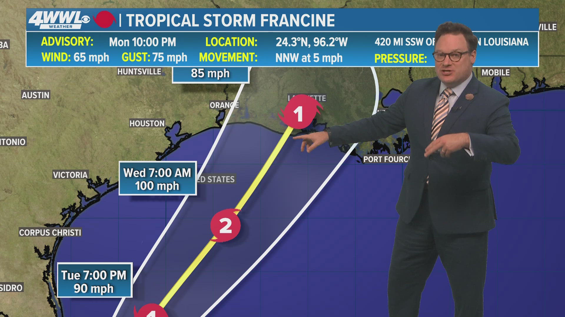 WWL Louisiana Chief Meteorologist Chris Franklin with the latest tracking updates of Tropical Storm Francine for News at 10PM on Monday, Sept. 9, 2024.