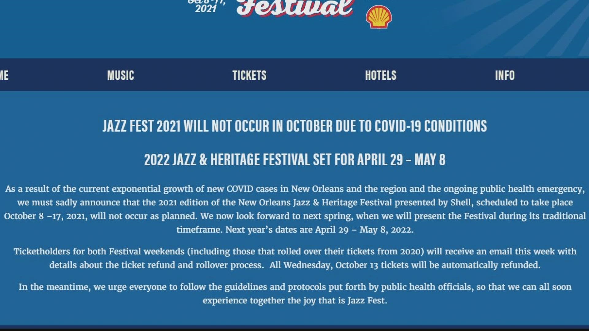 Jazz Fest set in October will not happen due to the recent surge in COVID cases in New Orleans