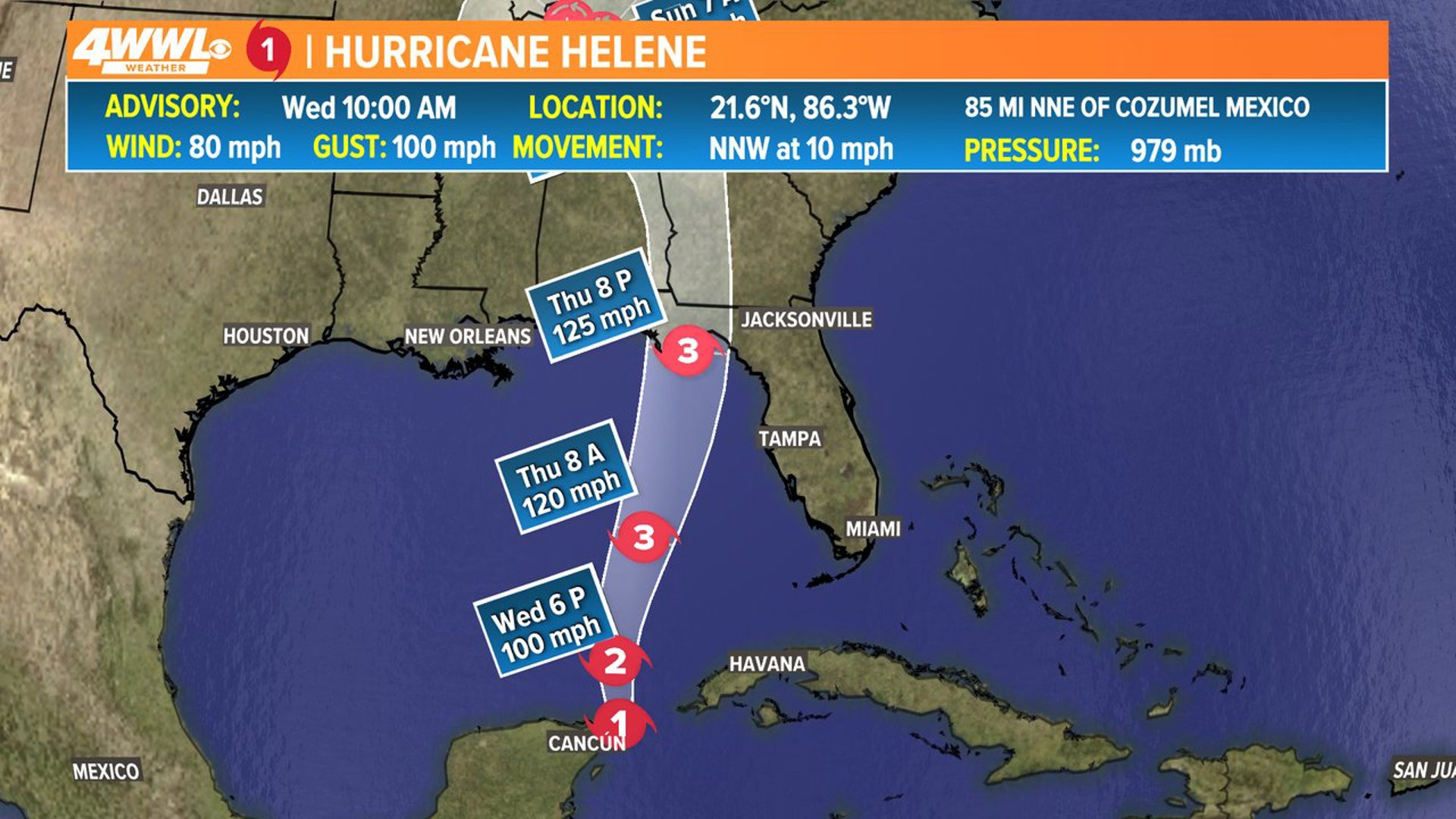 The storm is expected to intensify and grow in size over the next 30 hours or so. Landfall in the Big Bend of Florida Thursday evening as a major hurricane.