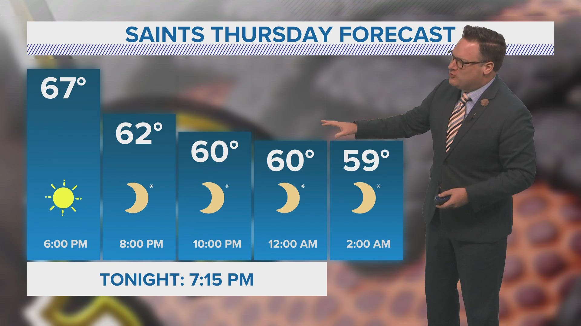 WWL Louisiana Chief Meteorologist Chris Franklin with a first look at the New Orleans-area forecast on Saints Gameday for News at 5PM on Thursday, Oct. 17, 2024.