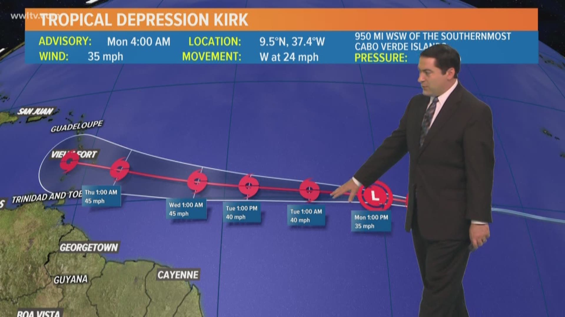 Kirk has weakened into a tropical depression as battles wind shear.  It sits not far off the African Coast at this time