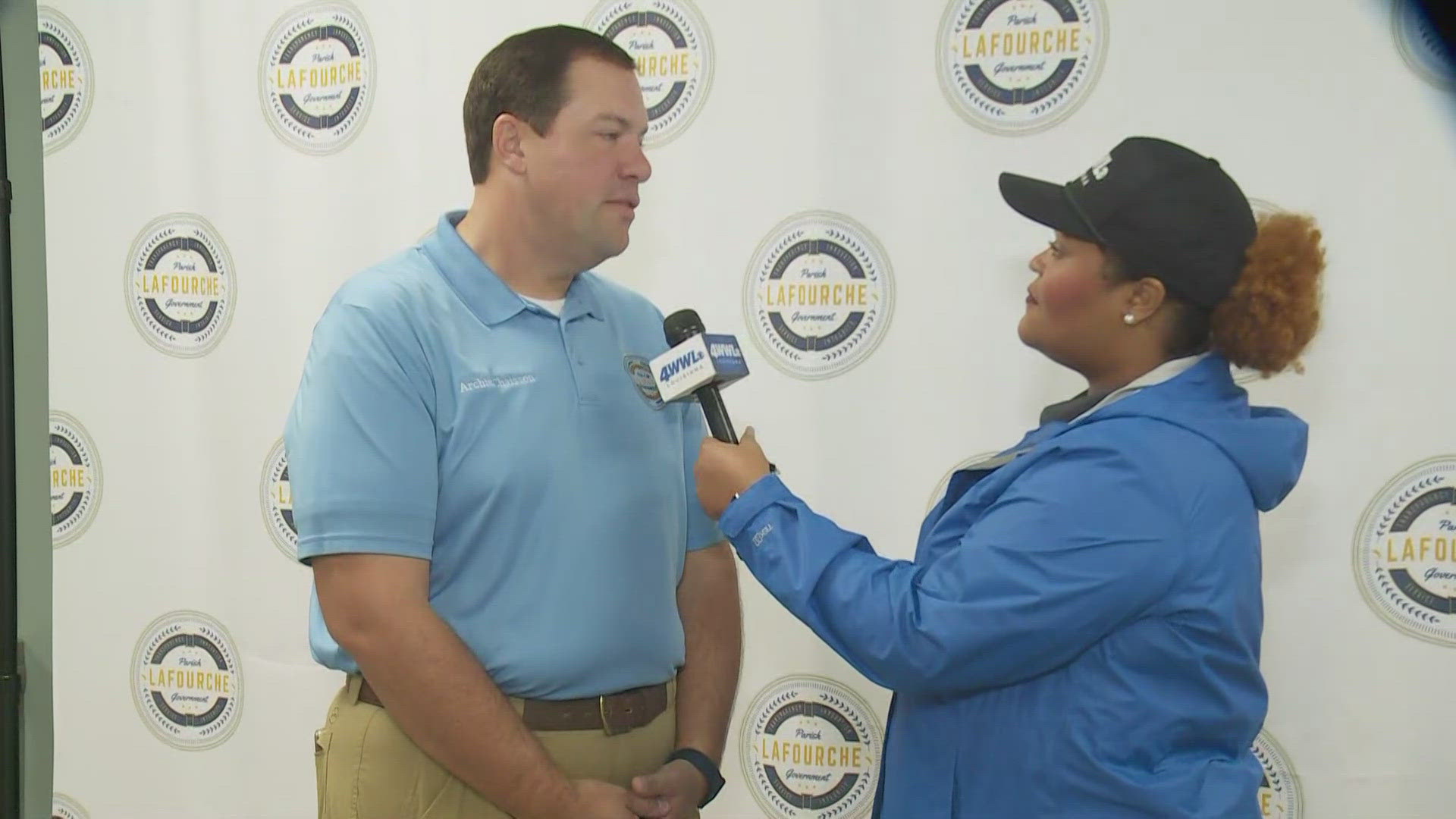 WWL Louisiana's Leigha McNeil with Lafourche Parish President Archie Chaisson, III ahead of Wednesday landfall of Hurricane Francine.