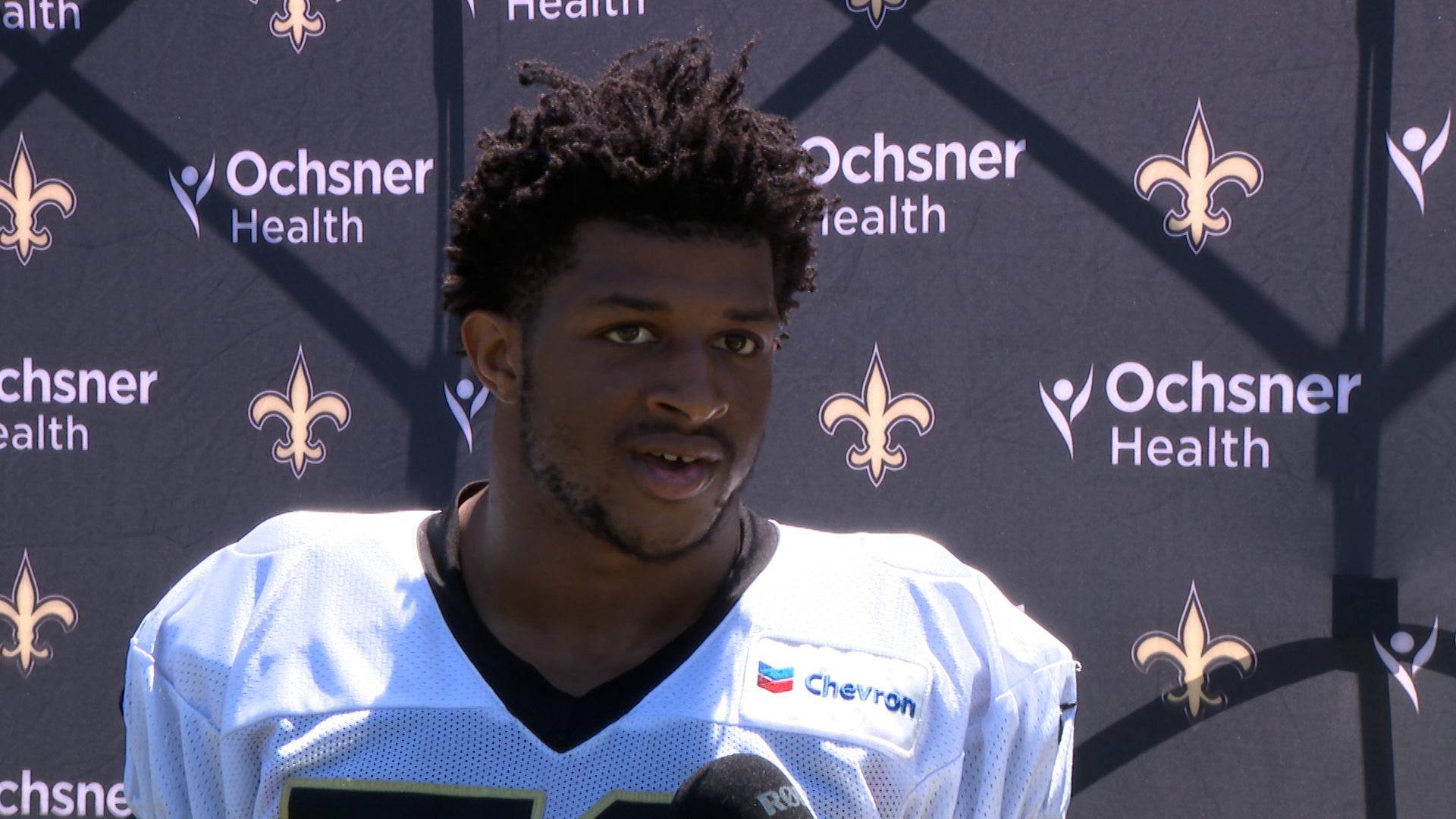 Saints linebacker D'Marco Jackson talks with media following practice on Day 10 of the team's 2024 training camp at UC-Irvine in California on Sunday, Aug. 4.