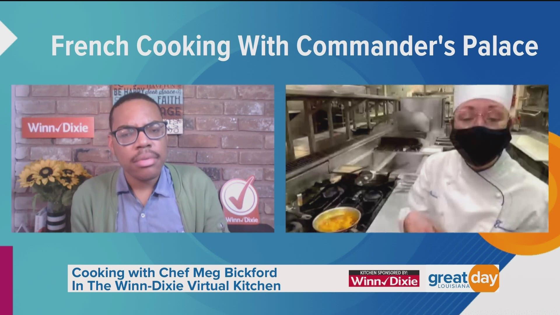 Chef Meg Bickford of "Commander's Palace" cooked a French-inspired dish in the Winn-Dixie virtual kitchen.
