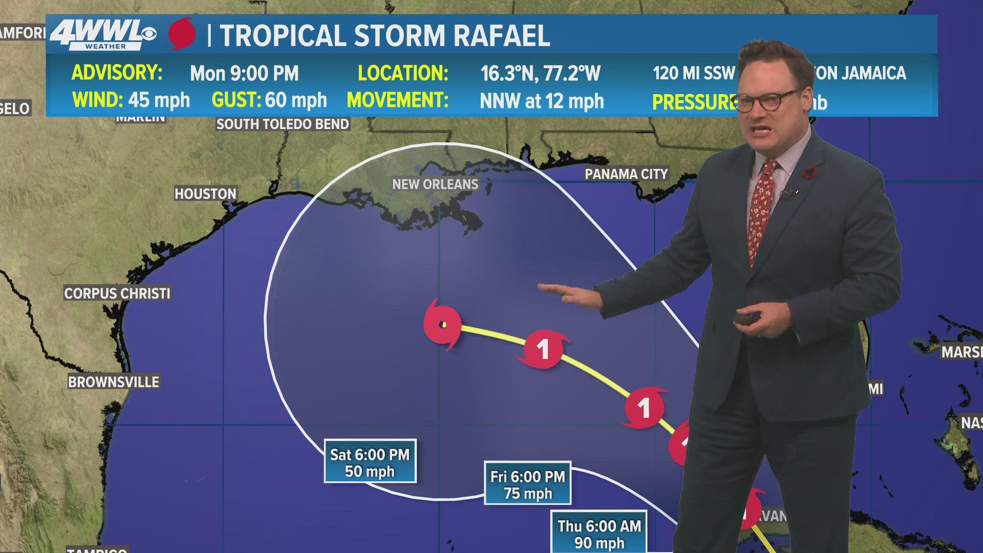 WWL Louisiana Chief Meteorologist Chris Franklin with a first look at the tropics as Tropical Storm Rafael targets Gulf of Mexico for News at 10PM on Monday, Nov. 4.