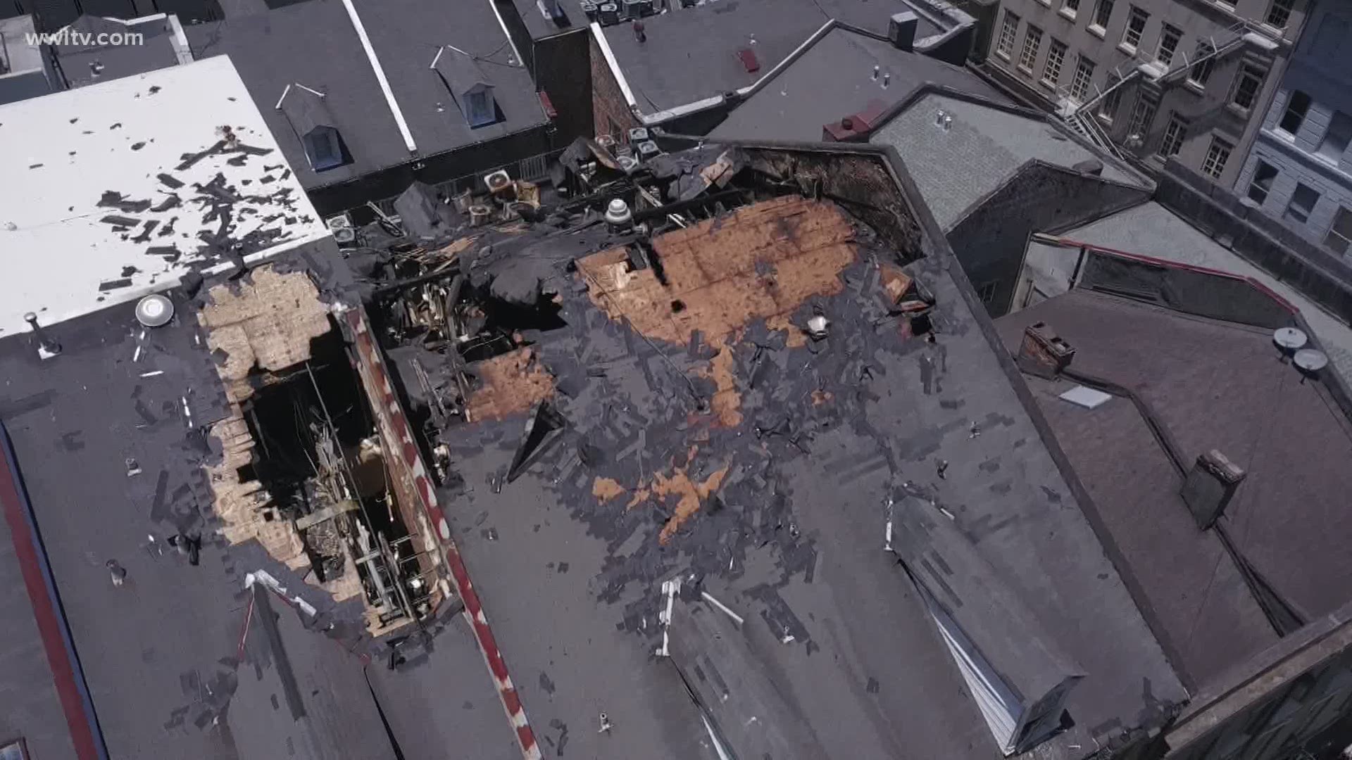 WWL-TV drone showed substantial fire damage to the roof and several holes where the building caved in during the blaze.