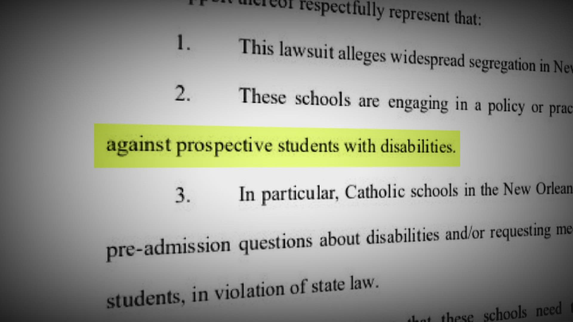 This comes after a WWL investigation looked at claims in a class-action lawsuit in August alleging that Catholic schools discriminated against prospective students.
