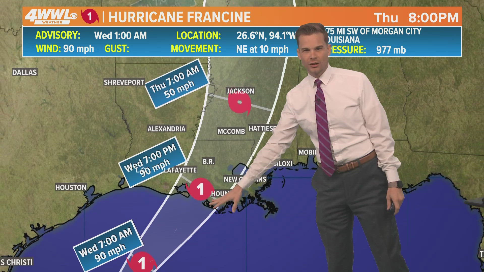 Meteorologist Payton Malone has the latest update on Hurricane Francine. Winds are up to 90 mph and the hurricane has strengthened. Landfall expected before 7 p.m.