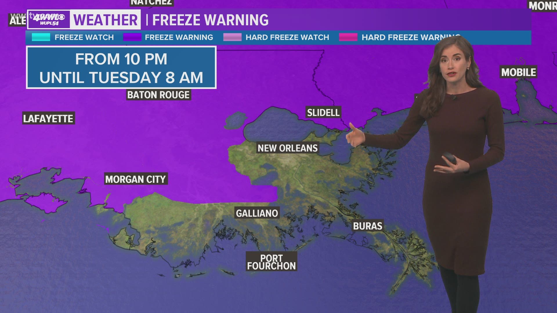 Meteorologist Alexandra Cranford has a look at a freeze warning for much of the area at 5 p.m. Monday, November 30, 2020.