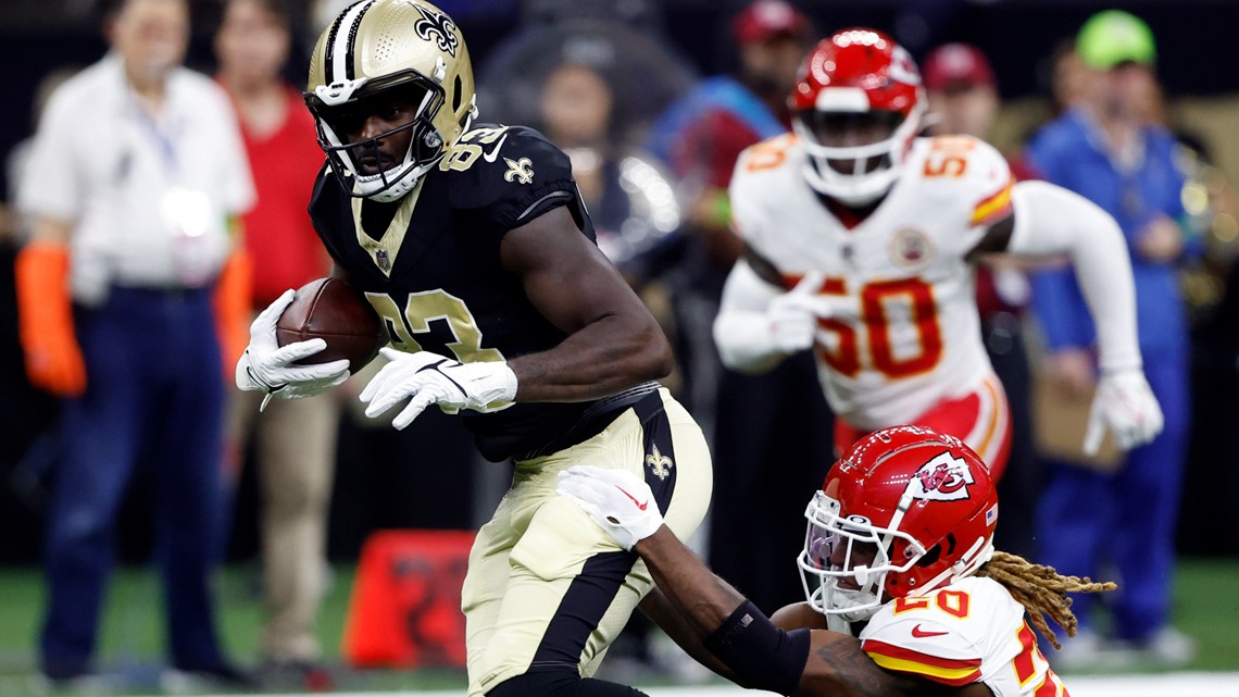 FILE - New Orleans Saints tight end Juwan Johnson (83) attempts to