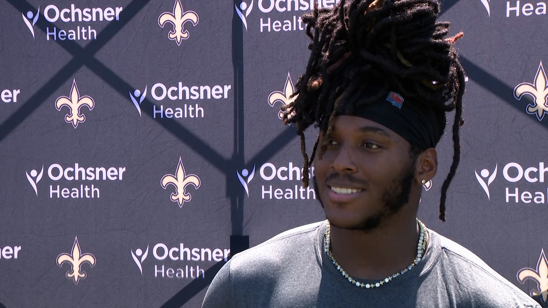 Newly re-signed wide receiver Marquez Callaway talks with media following practice on Day 8 of the 2024 Saints training camp at UC-Irvine in California on Friday.