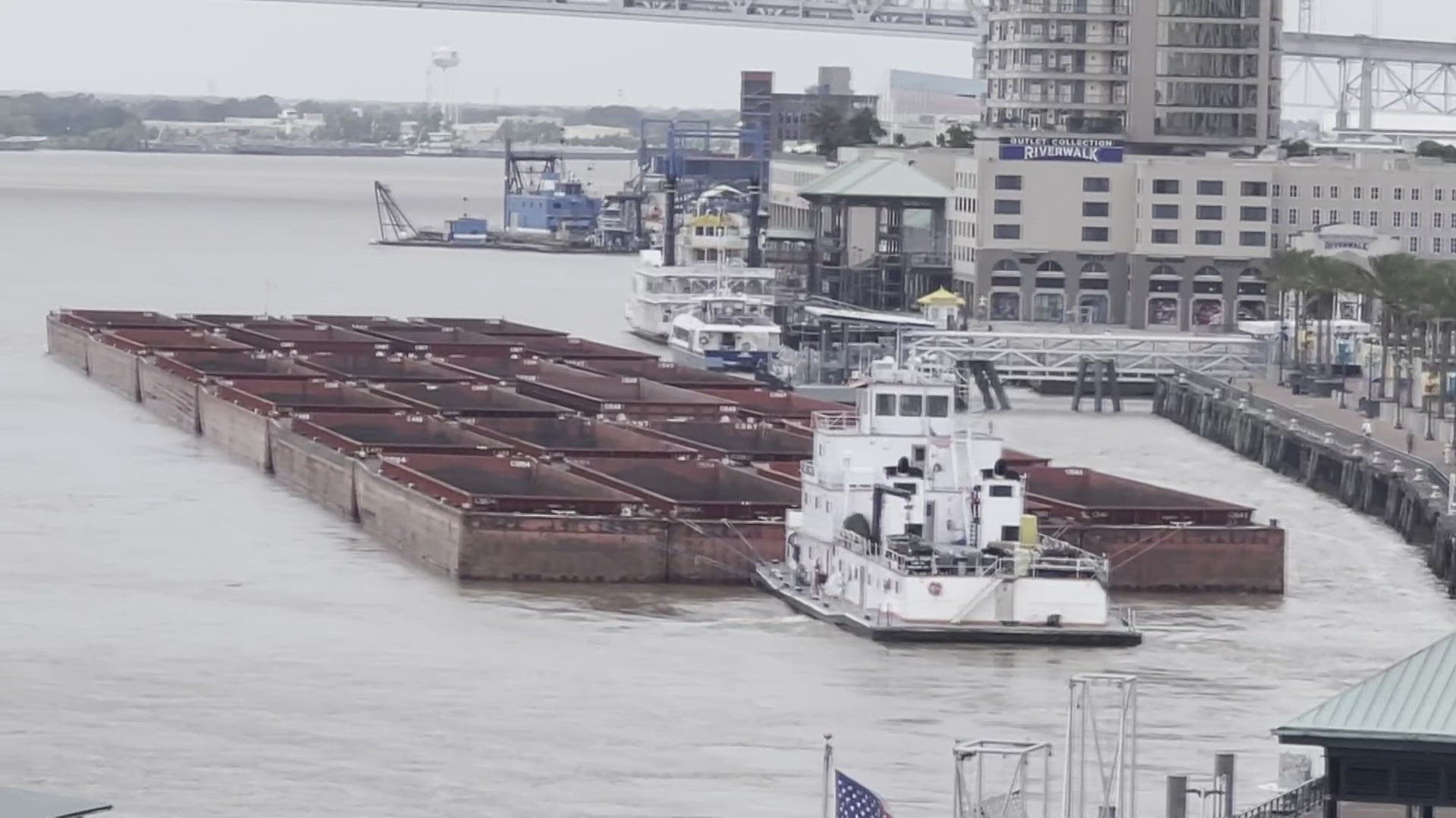 There were some tense moments on the Mississippi as a towboat narrowly avoided a collision with boats docked along New Orleans riverfront.
