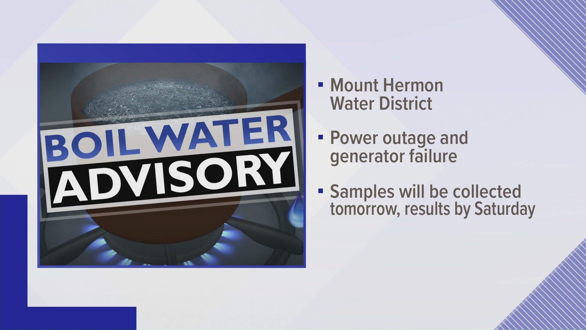 Power outage and generator failure is the cause of a boil water advisory in the Mount Hermon Water District Thursday.a