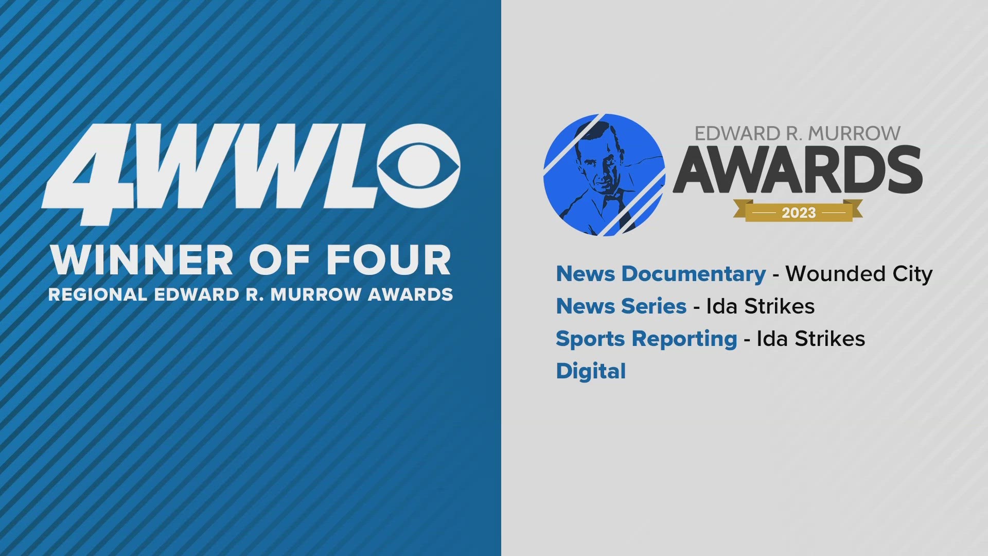WWL-TV wins 4 Regional Edward R. Murrow awards for documentary, news series, sports story and online news coverage.
