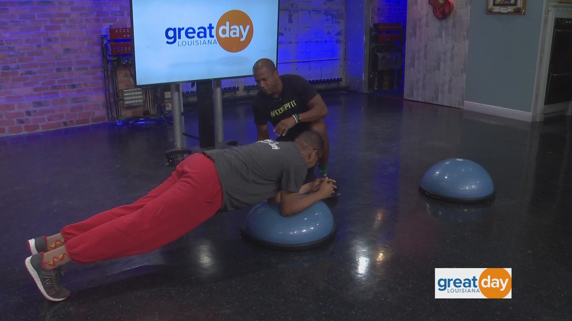 JP from Equip Fitness shows us how to use a Bosu Ball for your next workout to help increase core strength and stability.