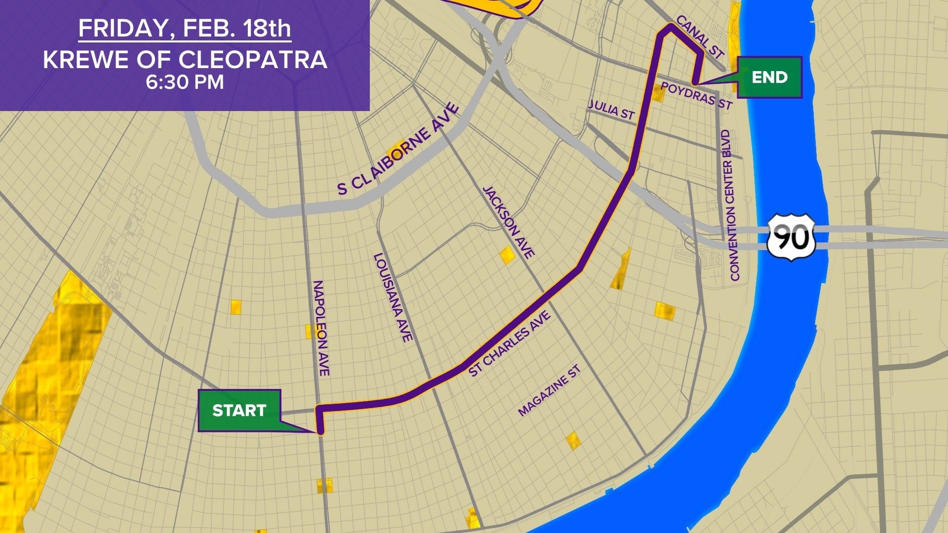 Krewe of Cleopatra Parade route, start time