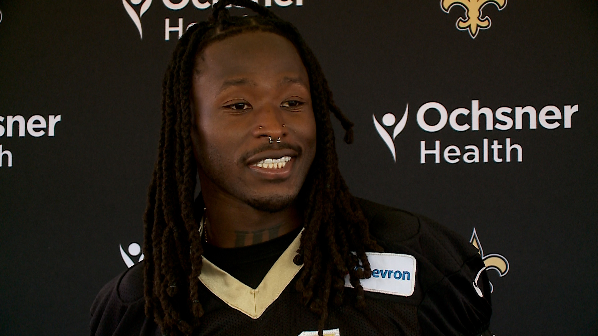 Alvin Kamara talked to media after New Orleans opened its 2024 Saints training camp at UC-Irvine in California on Wednesday, July 24.