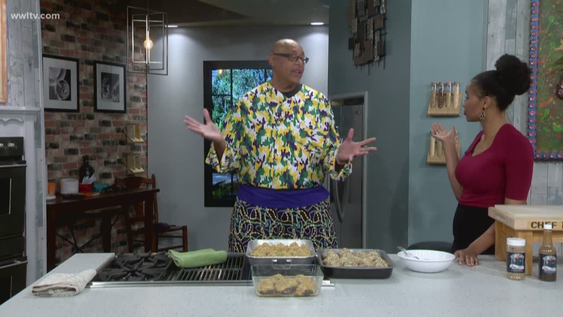 Sheba is in the kitchen with the very festive Chef Kevin making stuffed mushrooms.