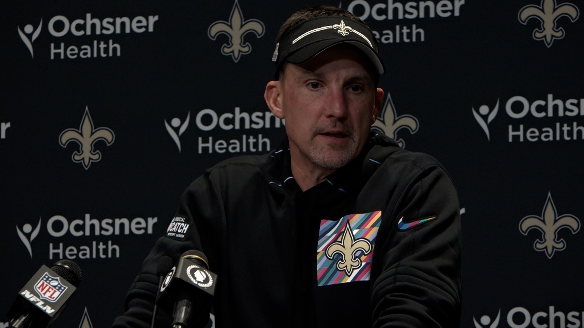 New Orleans head coach Dennis Allen talks to media following the Saints' 31-24 loss to the Jacksonville Jaguars in the Caesars Superdome on Thursday, Oct. 19, 2023.