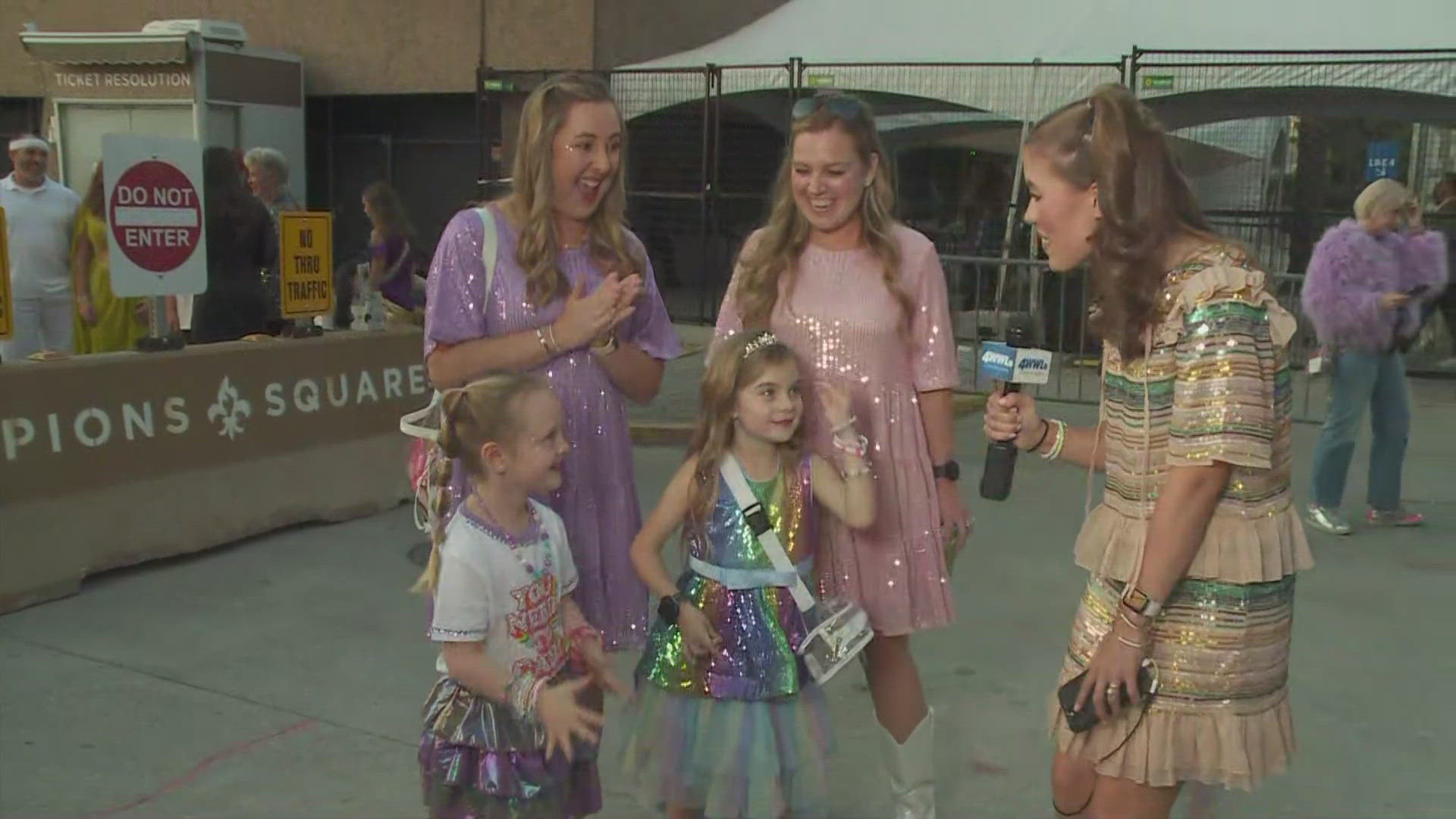 WWL Louisiana's reporter Amelia Strahan talks to Taylor Swift fans about first tour night, little 'Swifties' sing a their favorite song.